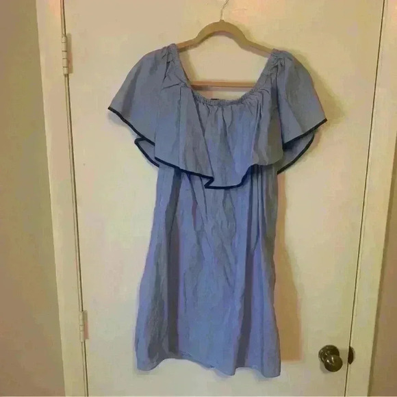 J Crew Off The Shoulder Dress in End on End Style G0263 Blue Size Medium - Picture 5 of 6